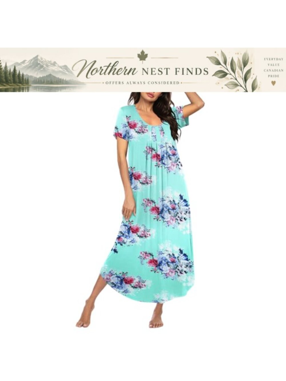 Short Sleeve Long Nightgown Pleated Scoop Neck Modal Sleep Dress
